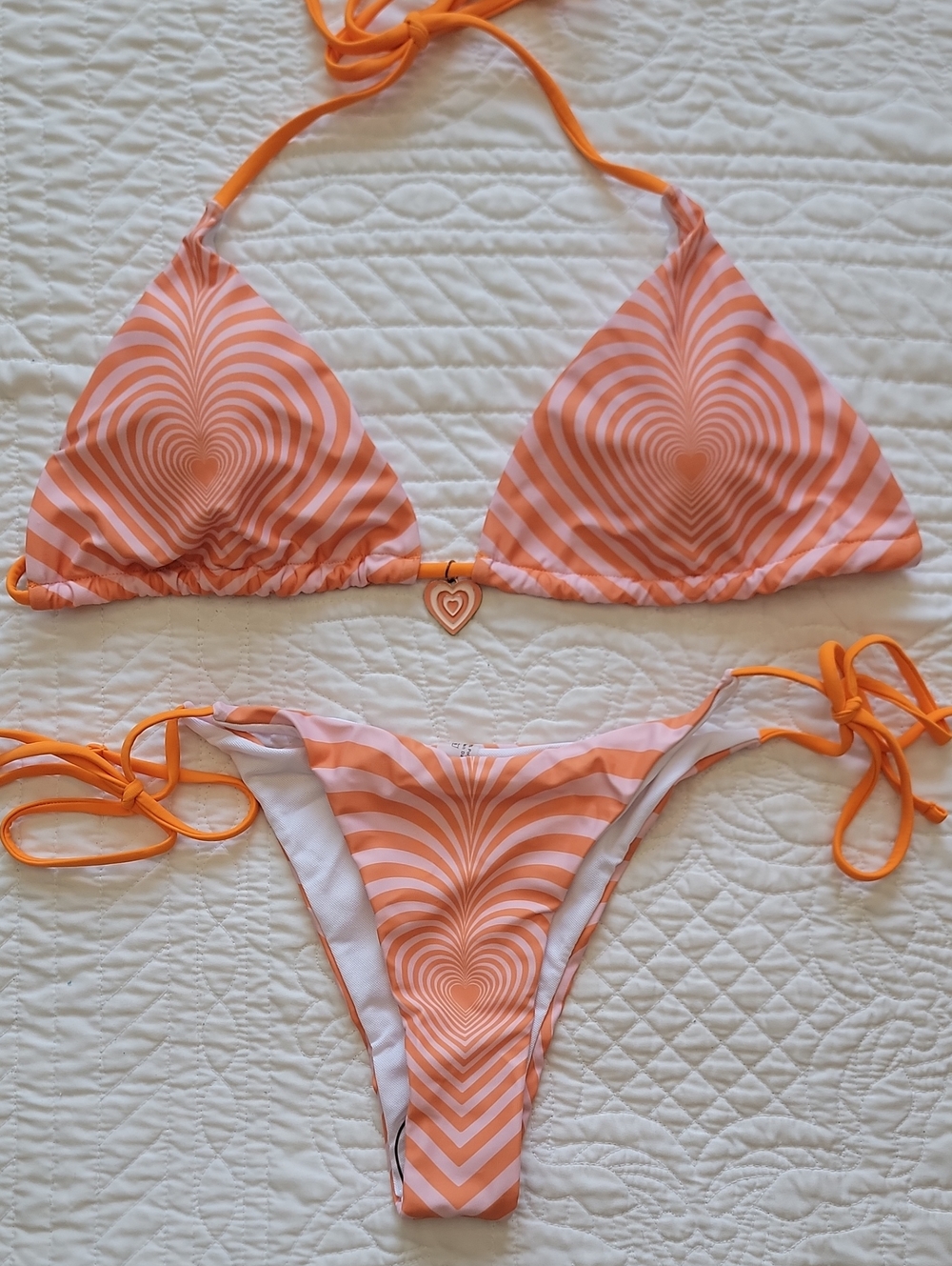 Retro Orange Psychedelic Groovy Heart Print String Bikini Set